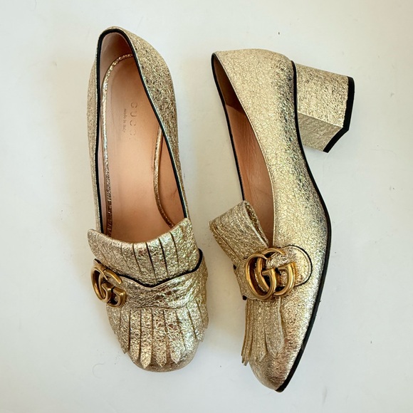 Gucci Gold Metallic leather GG fringe Marmont 55mm Heeled Loafer pumps EU 38 - Picture 1 of 10